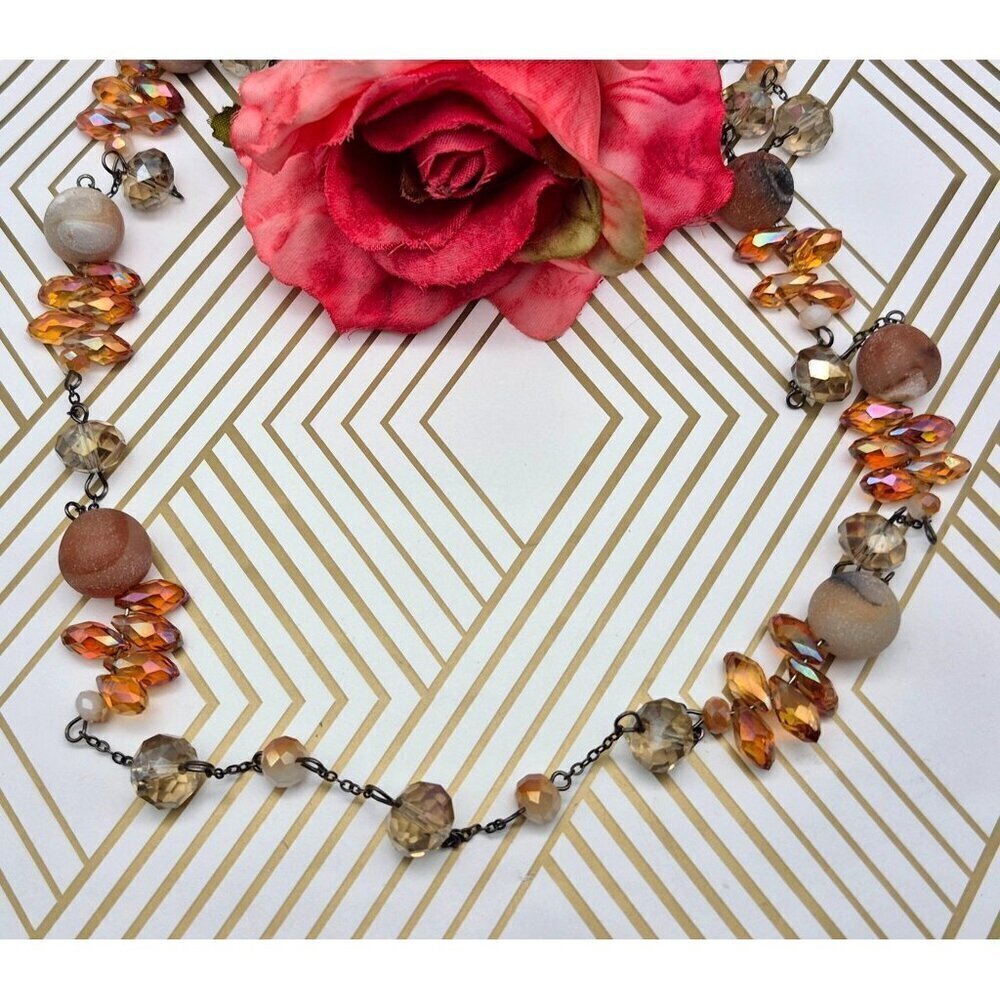 Amber Glass Chrystal Bead & Natural Stone 38" Necklace Black Chain Neutral